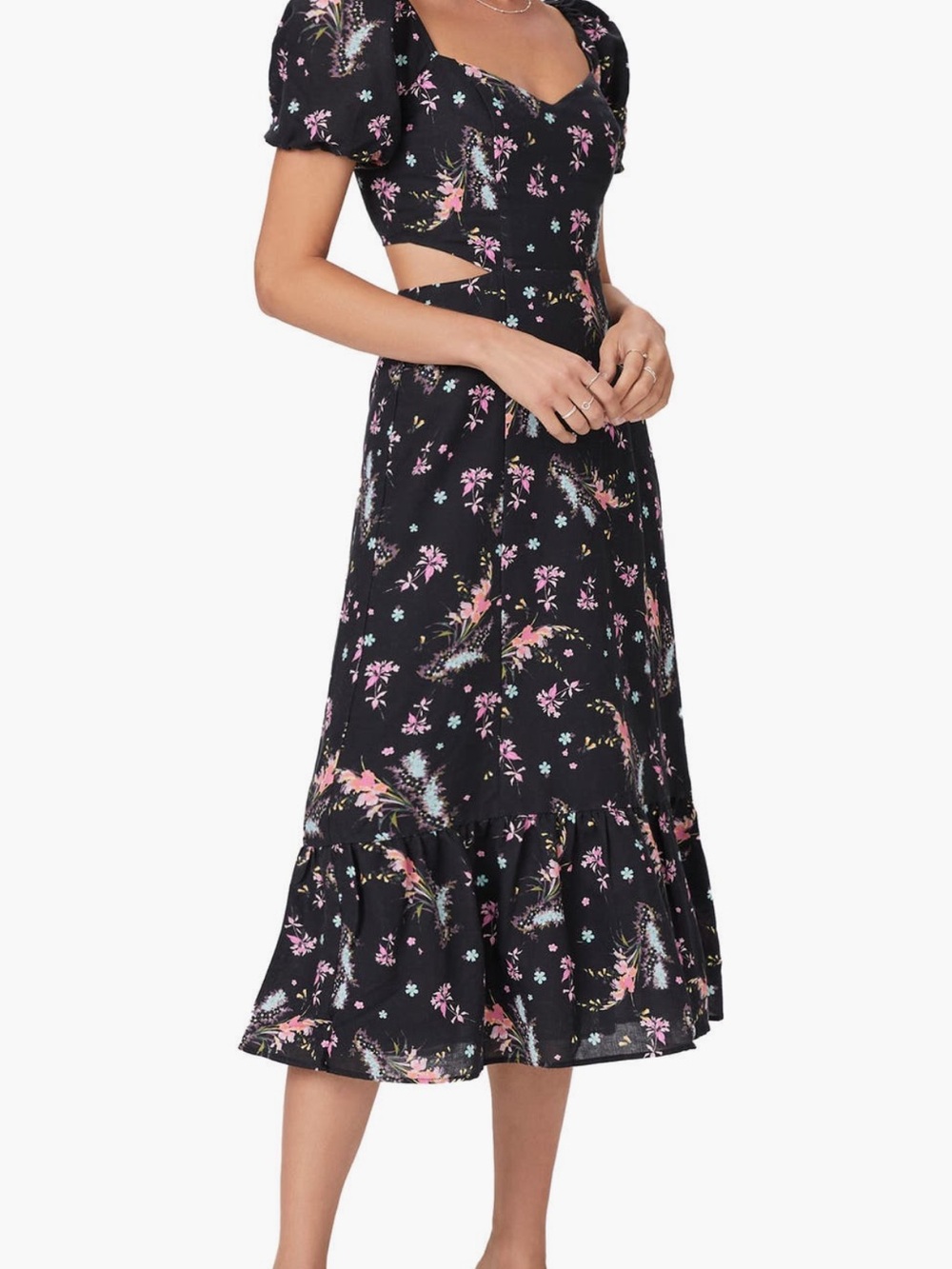 PAIGE Black Floral Cutout Midi Dress with Pink and Blue Accents
